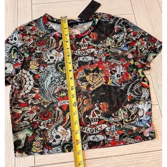 Ed Hardy NWT‎ sheer tattoo crop black & red short sleeve poly, rayon top. Sz L. - Picture 5 of 7